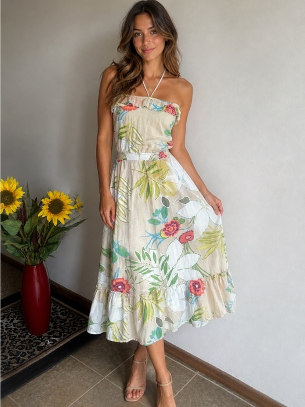 Old Navy Floral Midi Dress in Cream with Green and Coral Accents